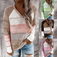 new autumn v neck patchwork hooded sweater women casual long sleeve knitted sweater top winter striped elegant pullover jumpers