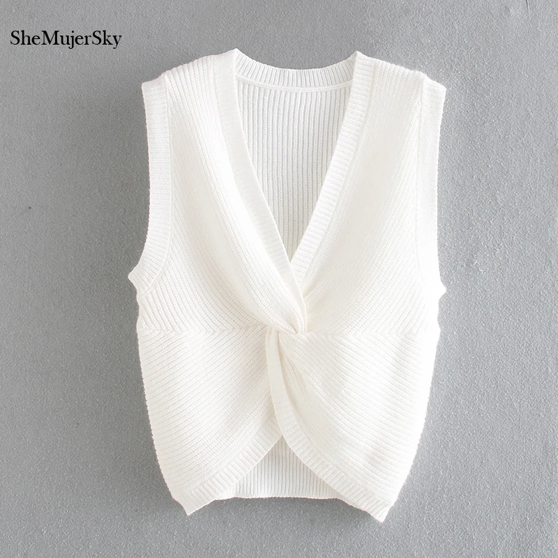 

SheMujerSky сексуальный перекрестный Белый Топ женский вязаный эластичный летний топ 2020 Топы без рукавов