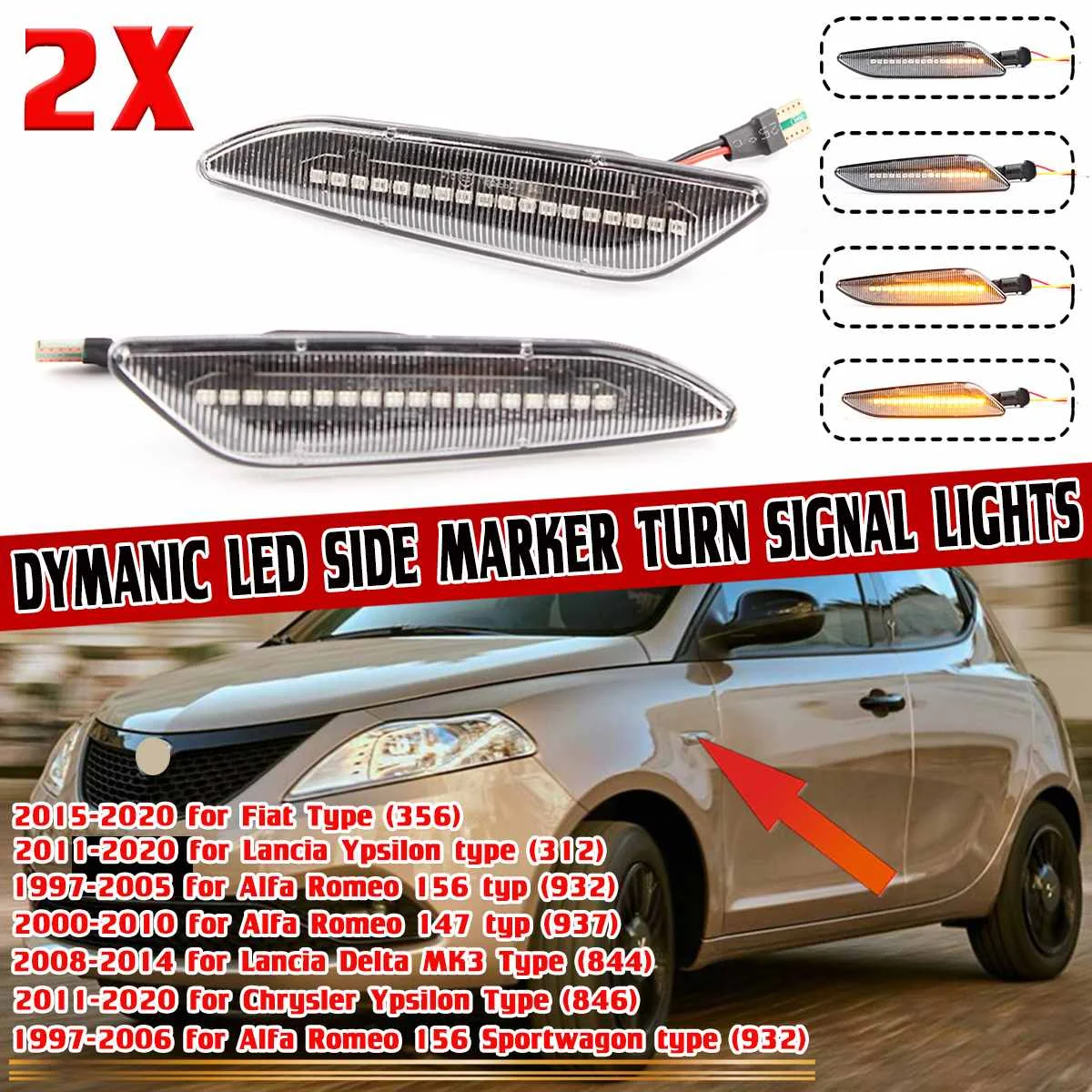 

2x Динамический светодиодный указатель поворота для Alfa Romeo 147 156 для Fiat Tipo Lancia для Delta Ypsilon, боковой маркер, ретранслясветильник s Lamp