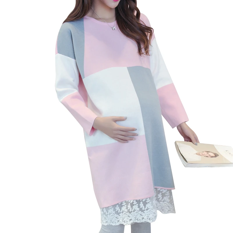 Осенне-зимнее платье для кормящих матерей элегантное кружевное лоскутное