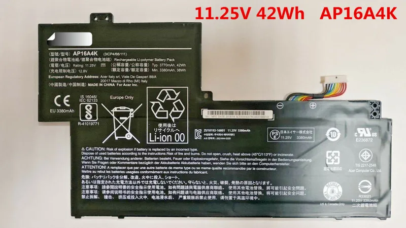 

Новый аккумулятор AP16A4K 11,25 в, 42 Вт · ч для Acer N16Q9 SF113-31 NE132