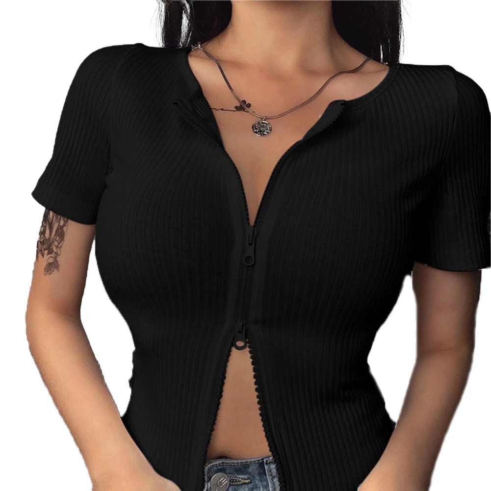 

Summer Slim V Neck T Shirt Women Sexy Zipper Crop Top Short Sleeve Split Cardigan Solid Stretch Club Tops Streetwear Clothing