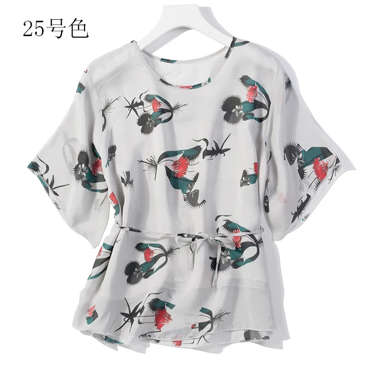 Женская двухслойная рубашка из 100% чистого шелка блузка с круглым вырезом и