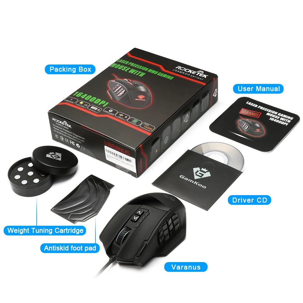 Rocketek USB Проводная игровая RGB мышь 16400 dpi 19 кнопок программируемые Игровые мыши с