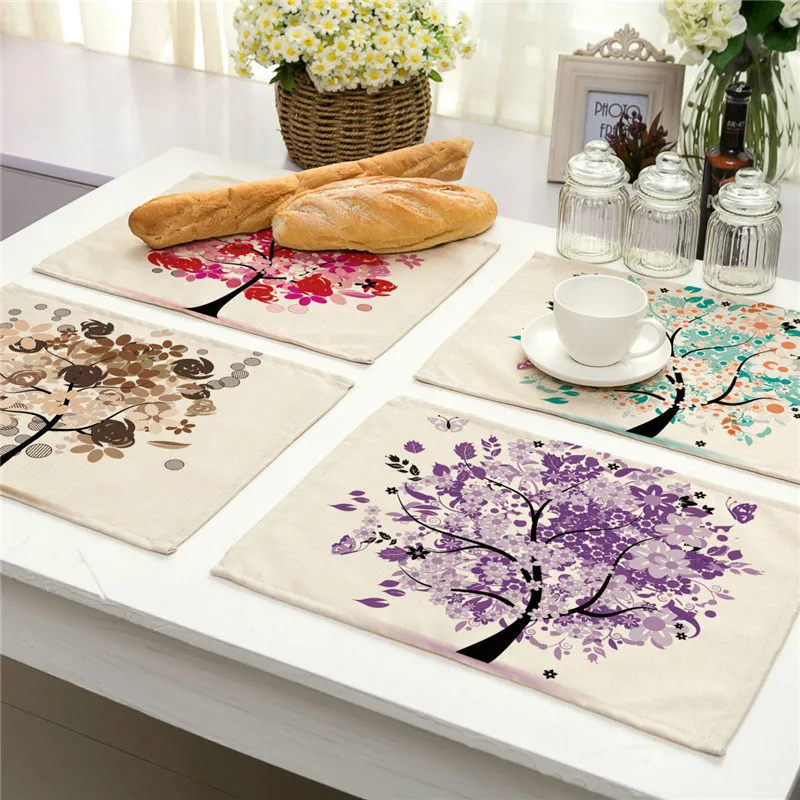 1Pcs Colorful Flower Tree Pattern Kitchen Placemat Coaster Dining Table Mat Cotton Linen Pad Cup Mats 42*32cm Home Decor MP0003
