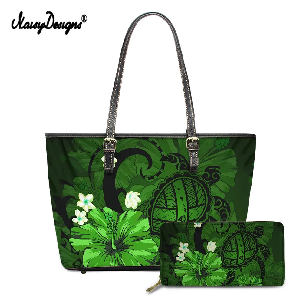 

Noisydesigns 2Pcs Tribe Turtle Polynesian Print Shoulder Bag Leather Wallet Ethnic Totes Bag Casual Large Capacity Handbag Hot