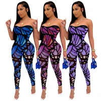 2021 butterfly print strapless jumpsuit for women new sexy sleeveless backless slim romper one piece overall night clubwear