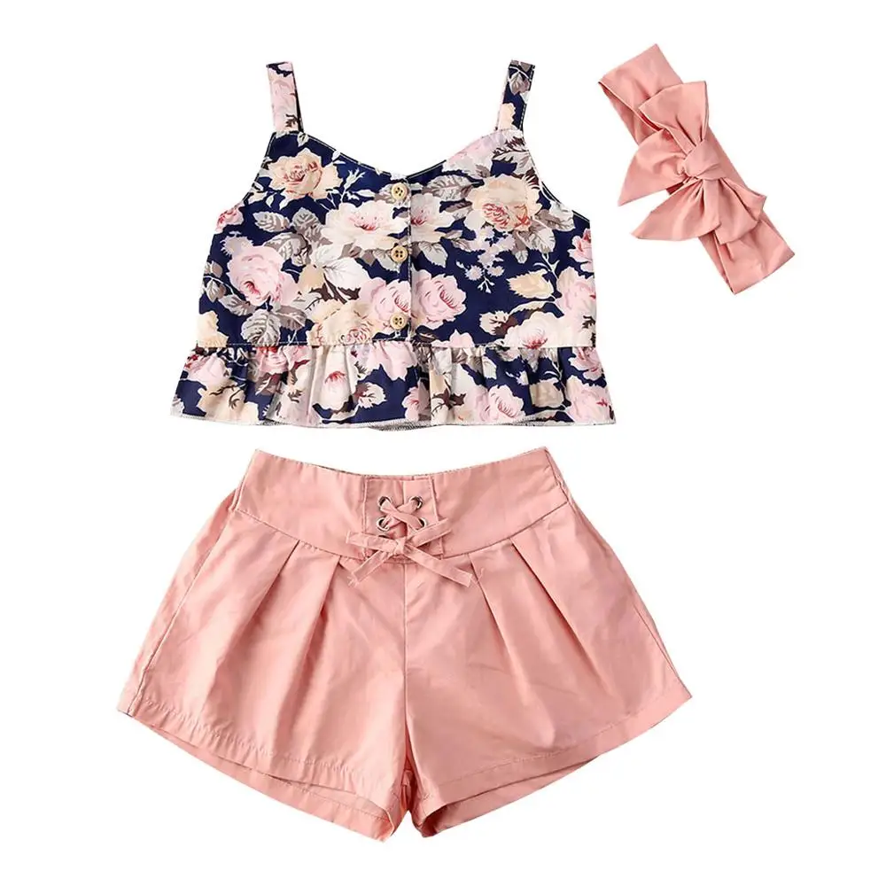 

Summer 3Pcs Set Baby Kids Girl Clothes arrival Cute Floral Strap Single Breasted Vest Solid Shorts Pants Outfits Set 0-4Y