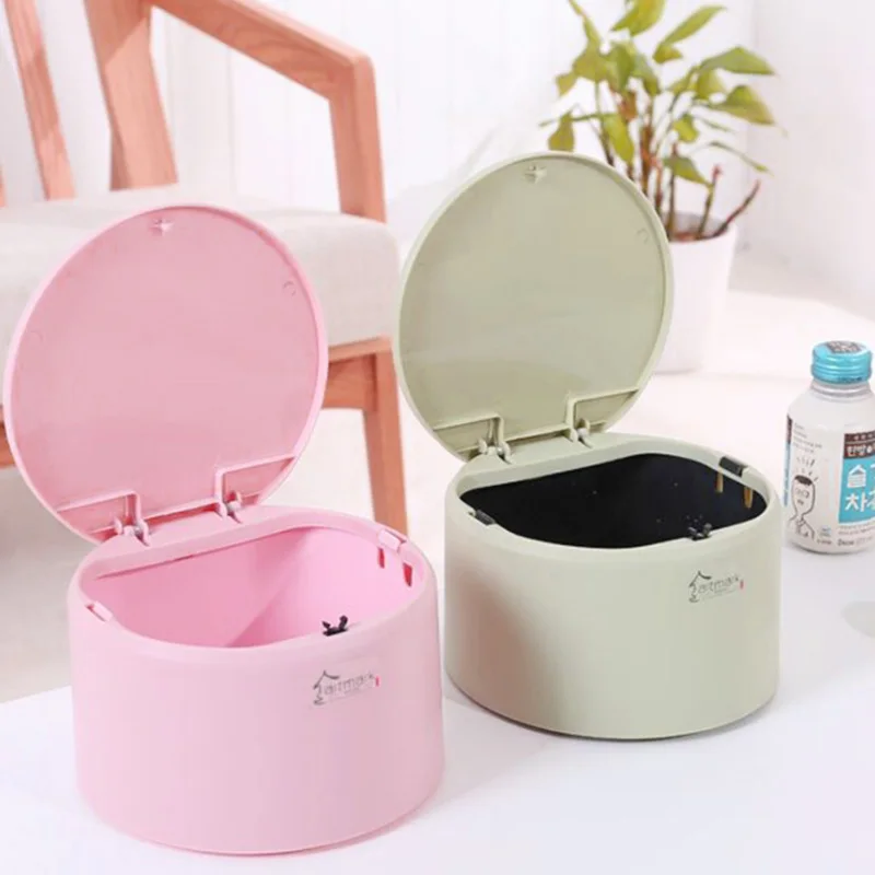 

Bouncing Lock Trash Can Round Small Trash Can Desktop Paper Basket Dresser Sanitary Bucket Office Sundries Paper Storage Bin Box