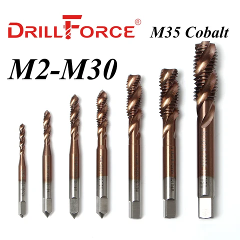 Drillforce кобальтовые фрезы для дрели HSSCO M35, спиральные флейты, метрические флейты, механические метчики для правой руки из нержавеющей стали