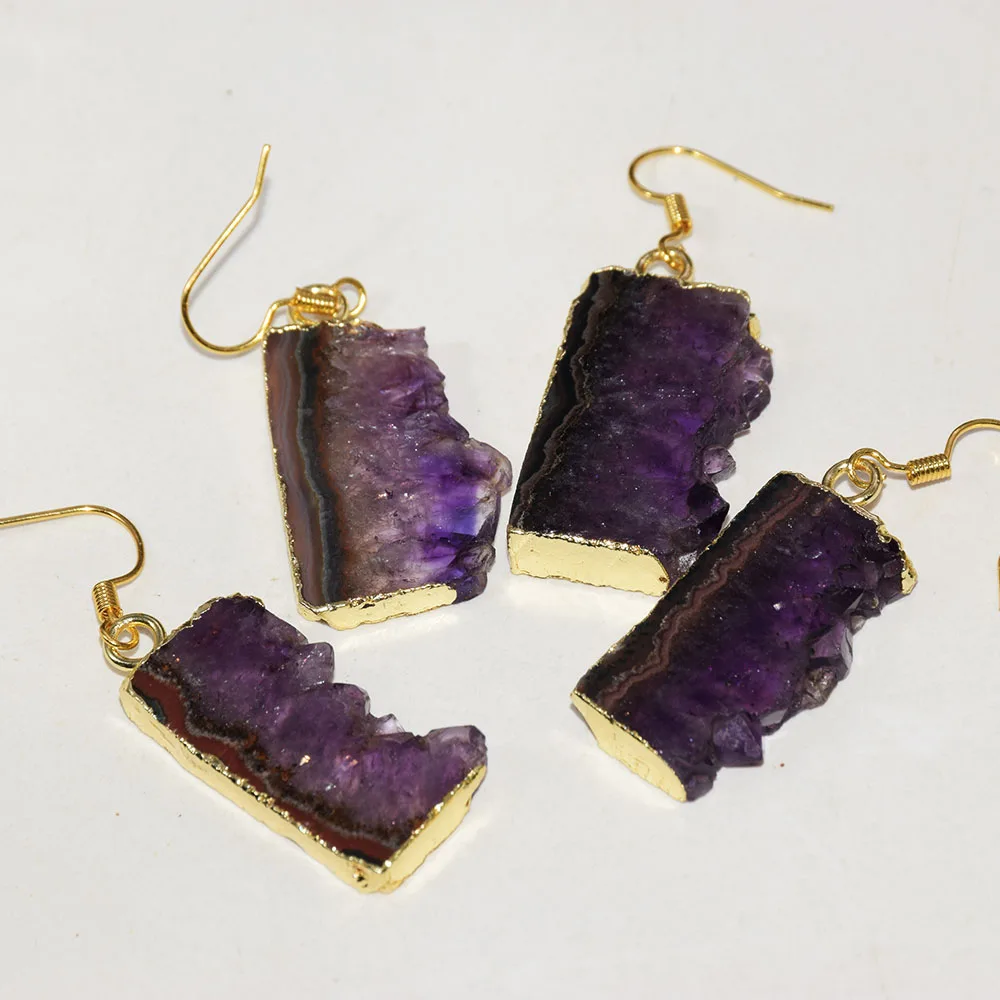 

Natural Slice Purple crystal stone earrings for women 2023 raw amethyst gold plated jewelry Geode Druzy charms big slab 5pc