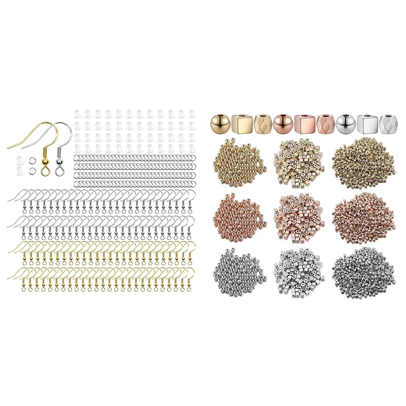 

900Pcs Earring Making Supplies Kit with 300PCS Earring Hooks & 1500 Faceted Rondelle Square Spacer Column Bead
