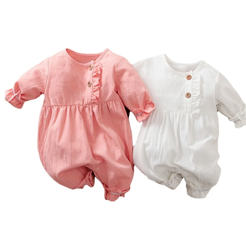 

Комбинезон детский однотонный с оборками, хлопковая одежда для сна для новорожденных, Ромпер розового цвета, весна-лето