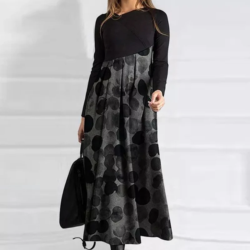 

Women Elegant Cross V-Neck Print A-Line Dress Autumn Winter Vintage Long Sleeves Slim Party Dresses Female Casual Loose Vestidos