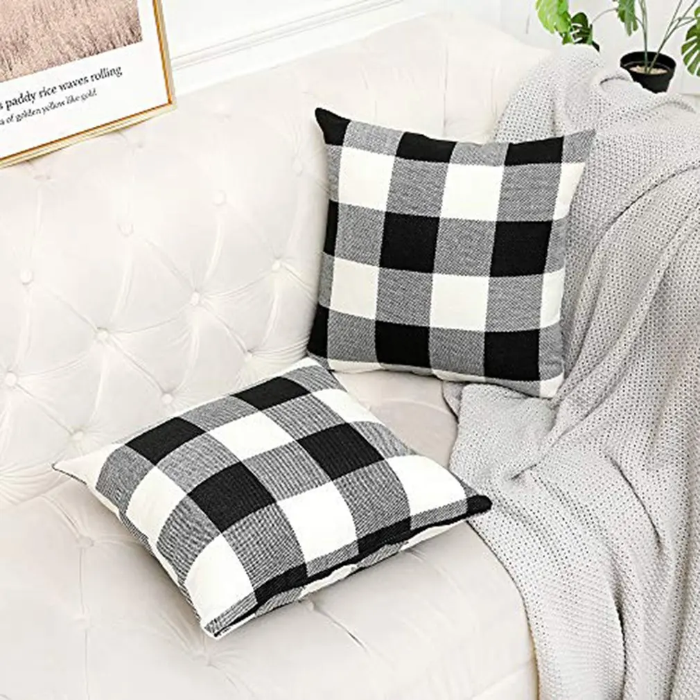 

2 Pcs Cotton Linen Pillowcase Black And White Plaid Sofa Bed Chair Home Decoration Washable Durable Pillowcase