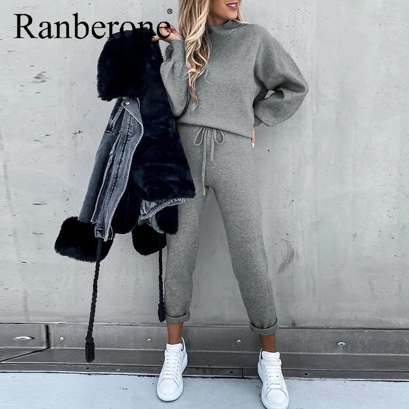 

Ranberone 2 Pieces Set Sport Suit Female Solid Lantern Sleeve Top + Drawstring Pockets Design Pants Fitness Women's Tracksuit