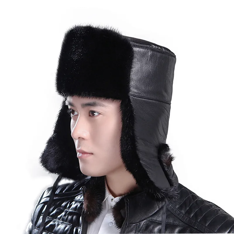 2019 теплая шапка авиатора мужская из меха норки с наушниками для папы