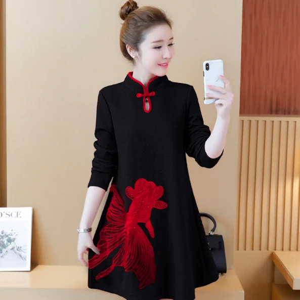 5XL осенне-зимнее мини-платье для женщин китайское теплое хлопковое платье с