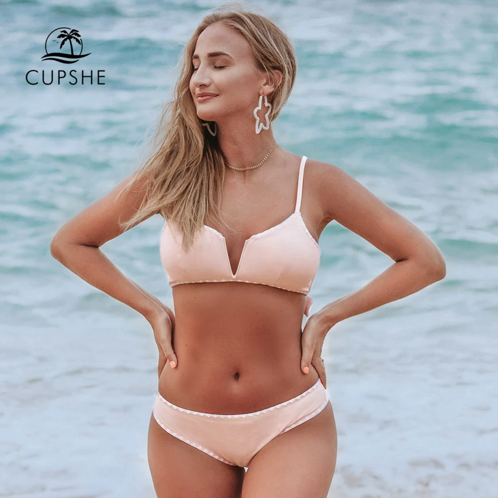 CUPSHE Одноцветный розовый купальник с v-образным вырезом и завязками на спине