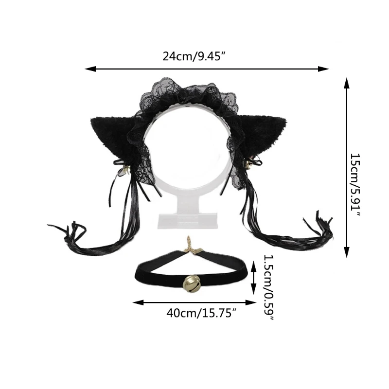 

Furry Cat Ears Headwear with Ruffle Lace Bells Choker Collar Set Headband Accessories for Festival Fluffy Cute Hair Hoop