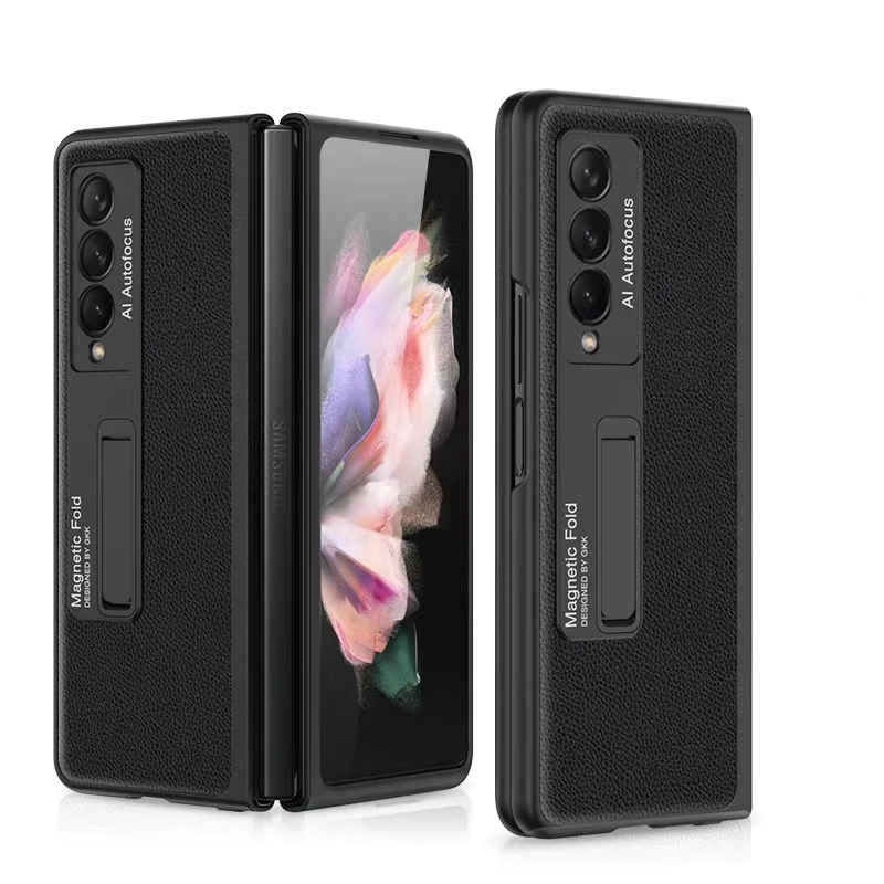 GKK Magnetic Fold Kickstand Holder Case For Samsung Galaxy Z Fold 3 2 5G Carbon Fiber Litchi Cross Leather Texture Hard Cover