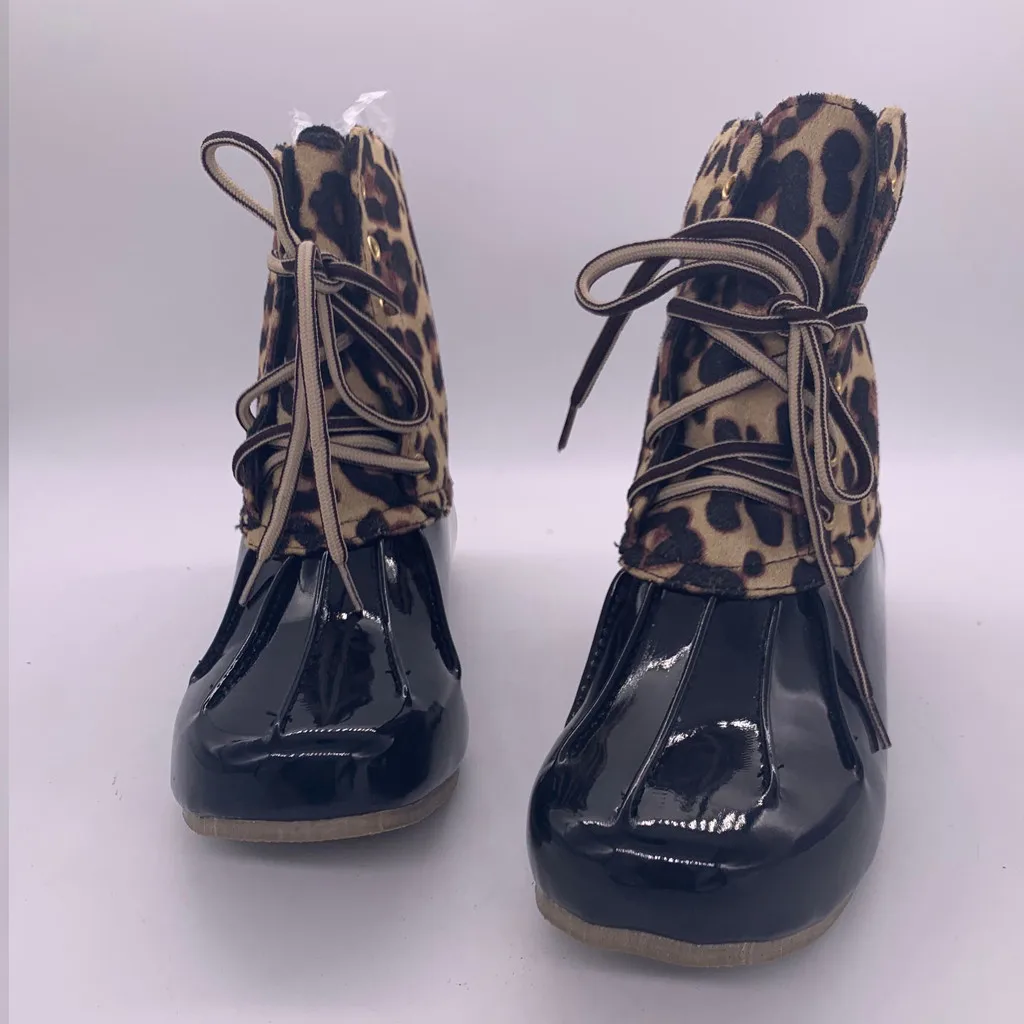Модные женские ботинки леопардовой расцветки водонепроницаемая обувь для