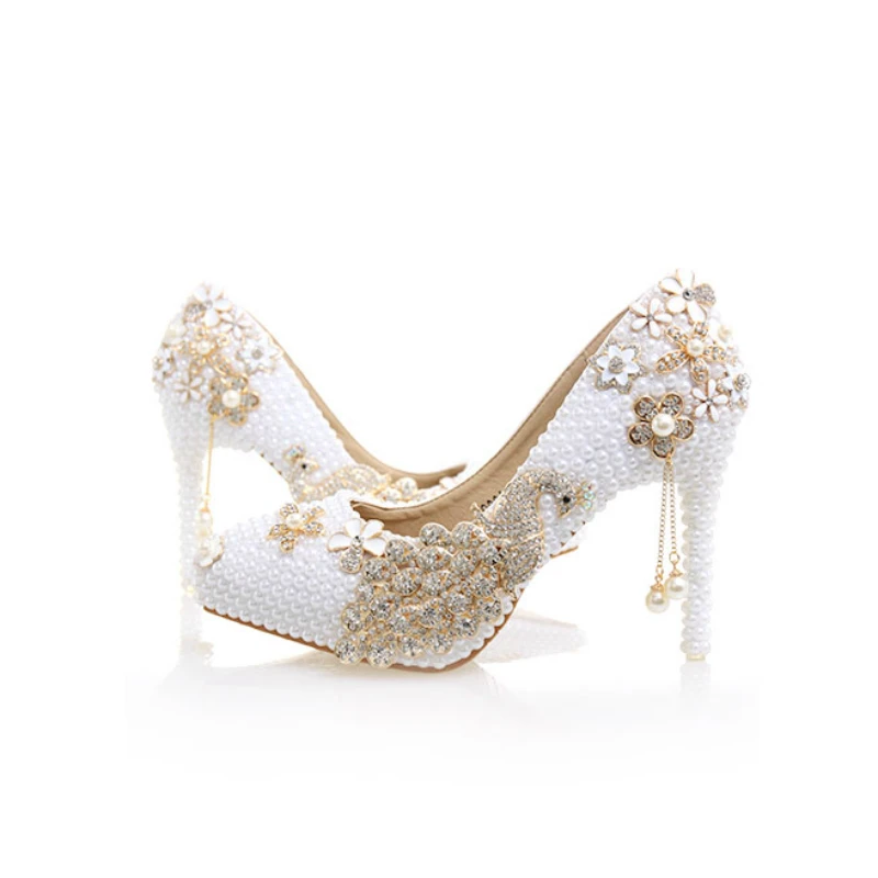 

Pearl Wedding Shoes Crystal Tassel Bridal Women's Pumps Pointed Toe Rhinestone Peacock Female High Heels Ladies Platform Shoes