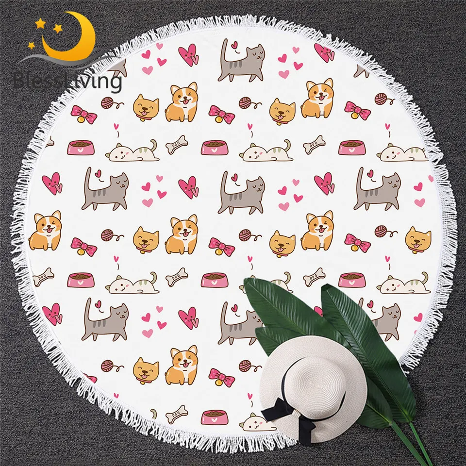

Blessliving Dog and Cat Beach Towel Kawaii Corgi Round Bath Towel Cartoon Decorative Towel Summer Blanket 150cm Cozy Beach Mat