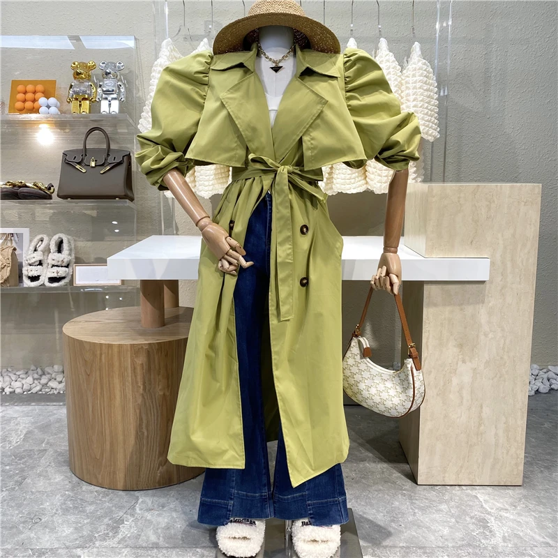 

New French Style Bubble Sleeve Lace Up Long Coat 2021 Foreign Style Fashion Lapel Waist Closed Double Breasted Windbreaker