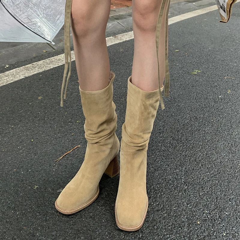 

ASUMER 2020 new fashion high heels ladies suede leather pleated autumn winter boots European Style fashion women mid calf boots