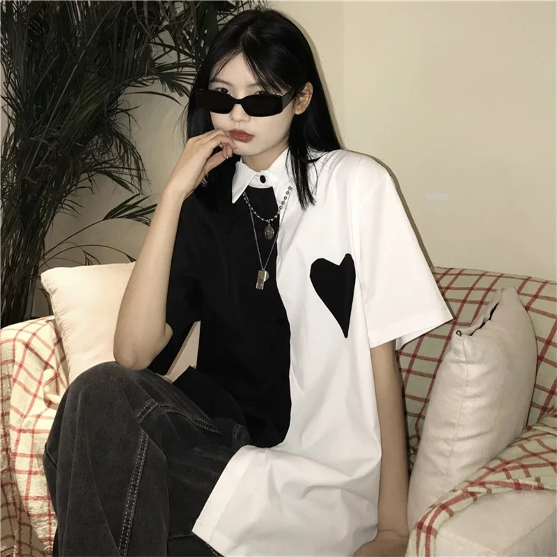

New Streetwear Harajuku Diablo Style Vintage Heart-shaped Printing Short Sleeve Splicing Casual Single Breasted Blouses Shirt