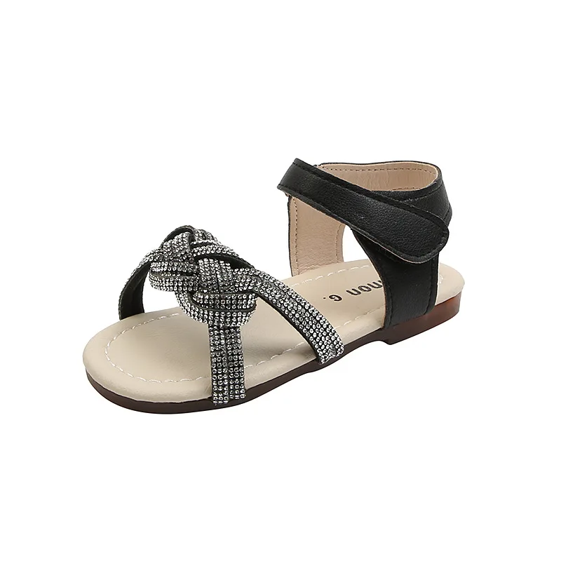 

2021 Summer New Sandals Girls Rhinestone Woven Knot Soft Bottom Princess Shoes Princess Wedding Party Shoes Flat Heel E04074