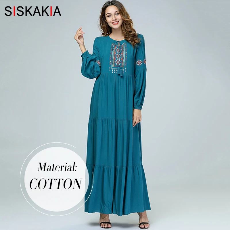 Green dress Бархатное Свободное длинное платье с этнической вышивкой, мусульманские платья с длинным рукавом, осень, арабское платье темно-синего цвета размера плюс - Цвет: Green dress