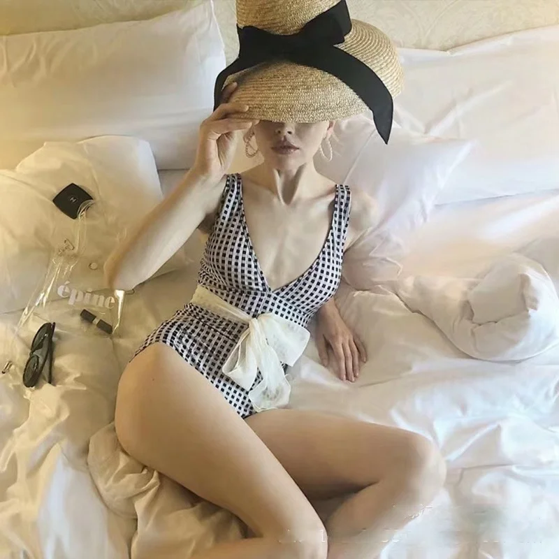 Сексуальный модный Цельный купальник бикини в клетку купальный костюм для