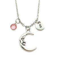 new moon face necklace birthstone creative initial letter monogram fashion jewelry women christmas gifts accessories pendants