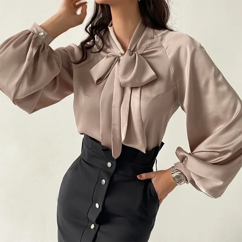 

MOARCHO Women Casual Solid Bow Belt Lantern Sleeve Office Lady Shirt For Party And Club Festival 2021 Autumn Winter New
