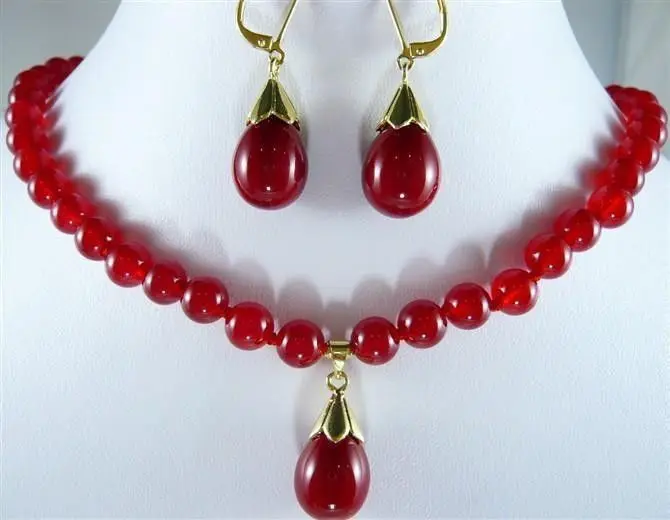 

charrming 8mm Red Ruby Gemstones Necklace Earring set 18"AAA
