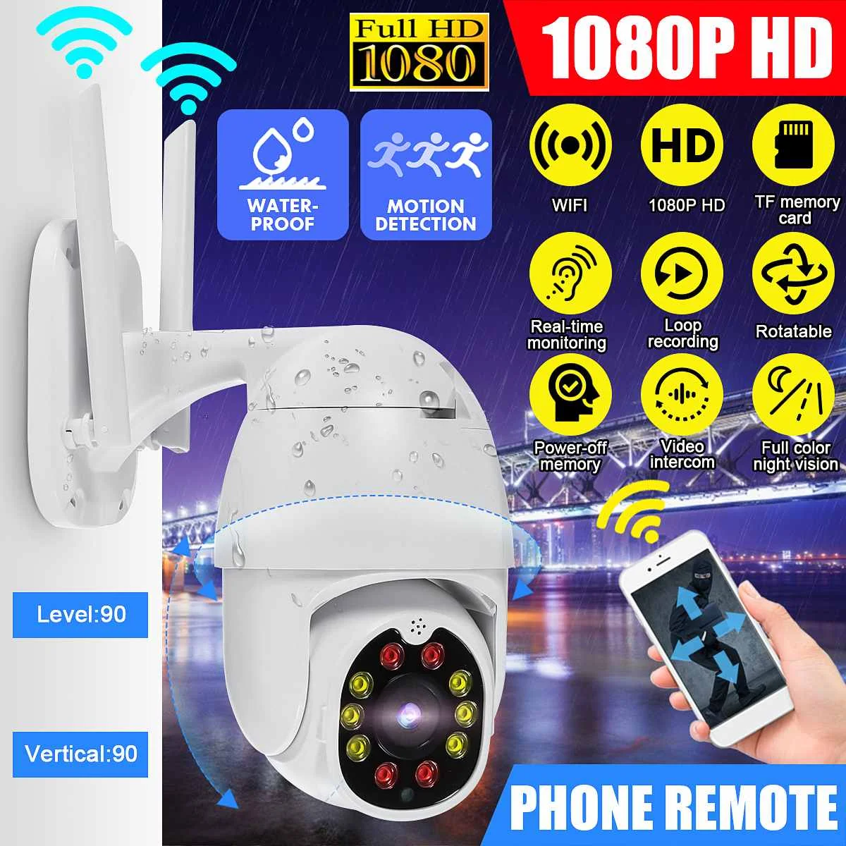 

IP-камера видеонаблюдения, 1080P HD, PTZ, Wi-Fi, 4 мм