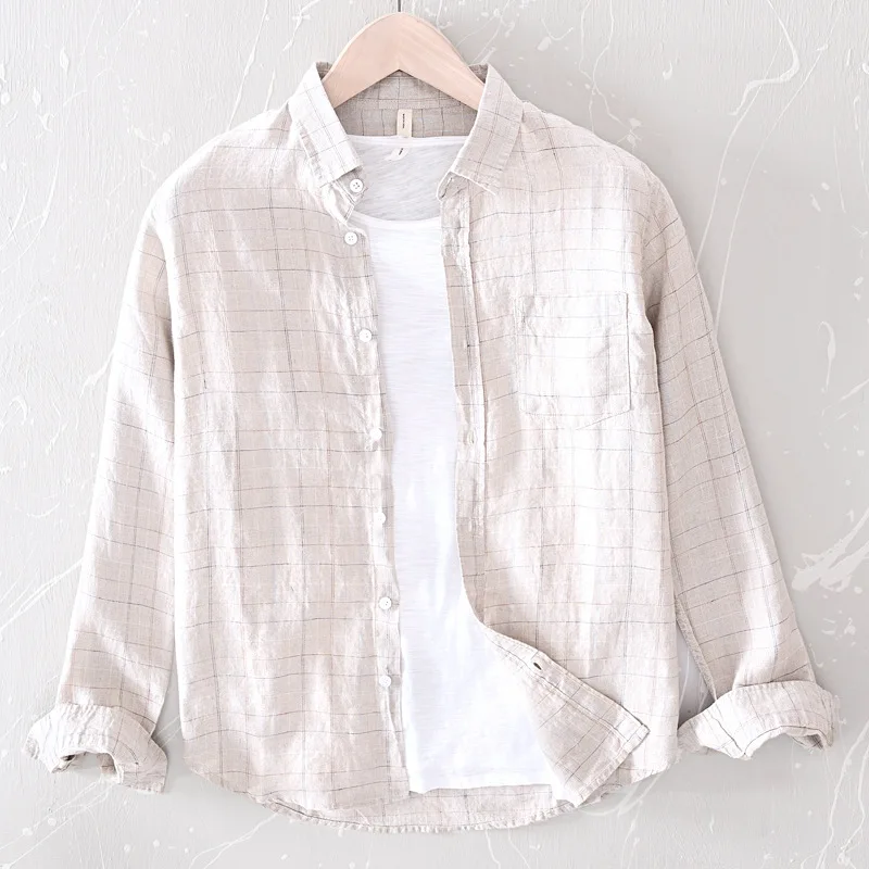 

Рубашка мужская длинная в клетку, Повседневная белая блуза из 2021 чистого льна, в японском простом стиле, лето 100%