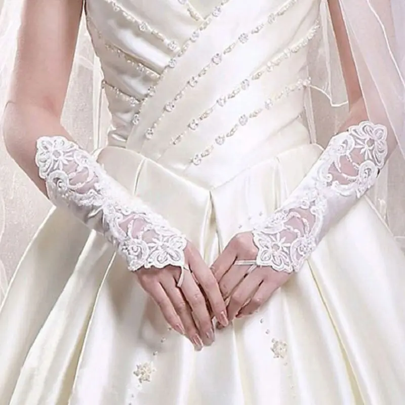 

1 Pair Women Bridal Long Gloves Opera Fingerless Embroidery Lace Glitter Sequins Solid Color Elbow Length Mittens Hook Finger