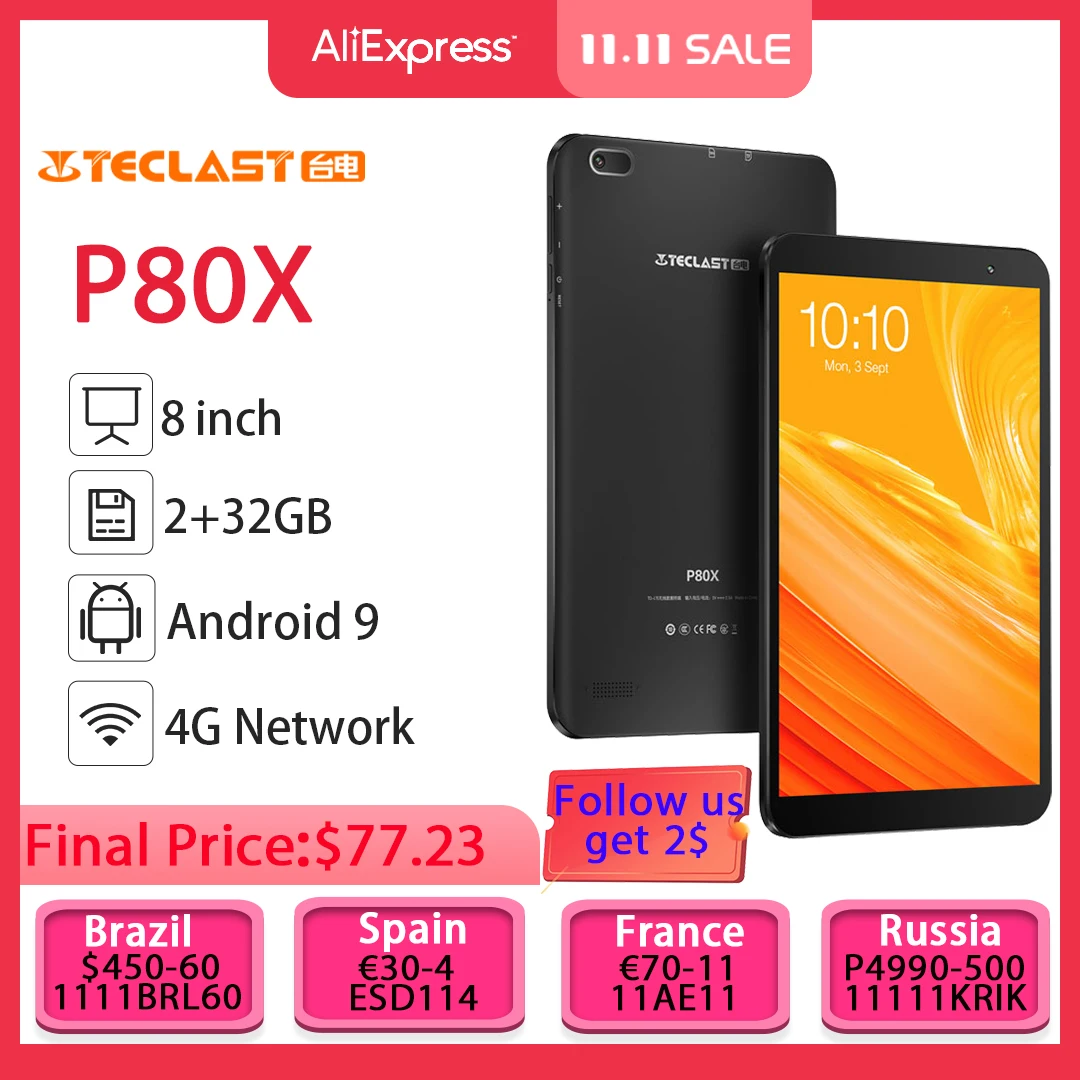 

Teclast P80X 8inch 4G Tablet Android 9.0 SC9863A IMG GX6250 1280 x 800 IPS Octa Core 1.6GHz 2GB RAM 32GB ROM Dual Cameras Tablet