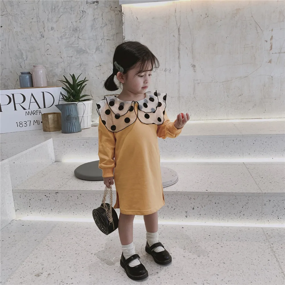 Милое Платье для девочек осеннее платье с воротником в виде листьев лотоса