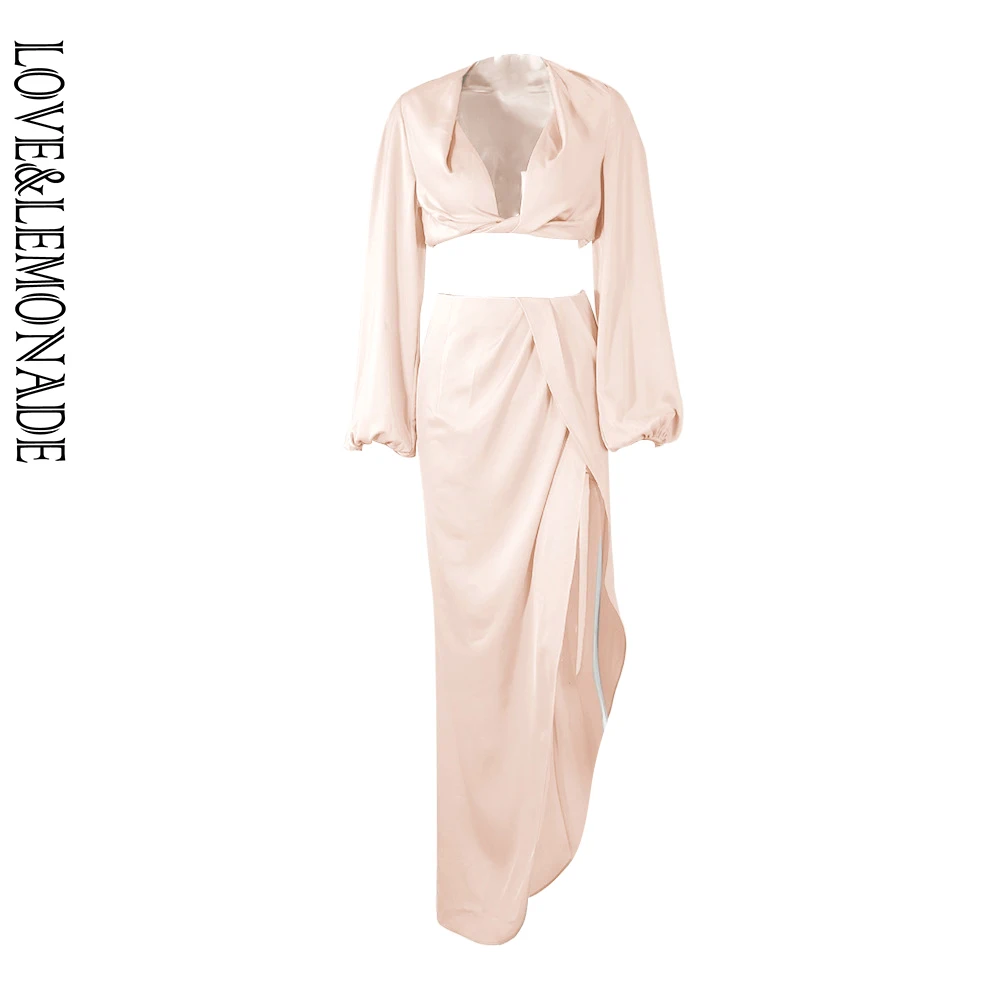 

LOVE&LEMONADE Sexy V-Neck Lantern Sleeves Cross Lower Body Light Green Set LM99032