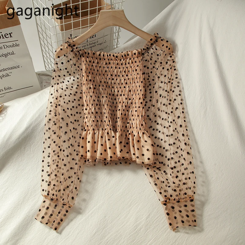 Gaganight пикантная женская блузка в горошек с длинным рукавом Укороченная рубашка