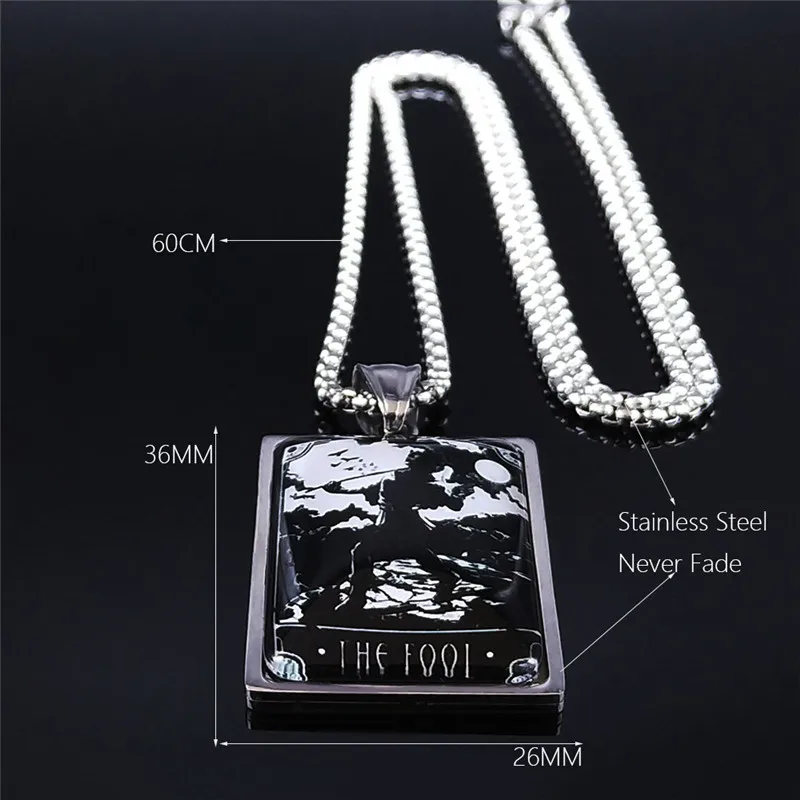 

Tarot glacoide-Le Fou noir Glass Stainless Steel Long Necklaces Women/Men Silver Color Necklaces Jewelry collier femme NXS03