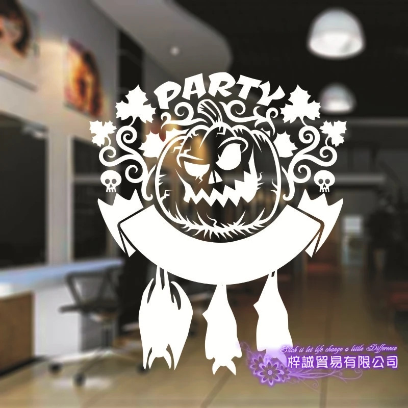 Happy Halloween Large Wall Stickers Bat Pumpkin Lantern Glass Decal Window Posters Vinyl |