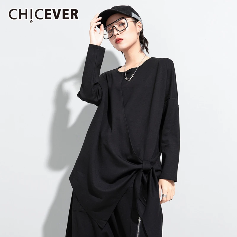 

CHICEVER Повседневная Однотонная футболка для женщин, круглый вырез, свободный длинный рукав, бант, шнуровка, простые пуловеры для женщин, 2021 ос...