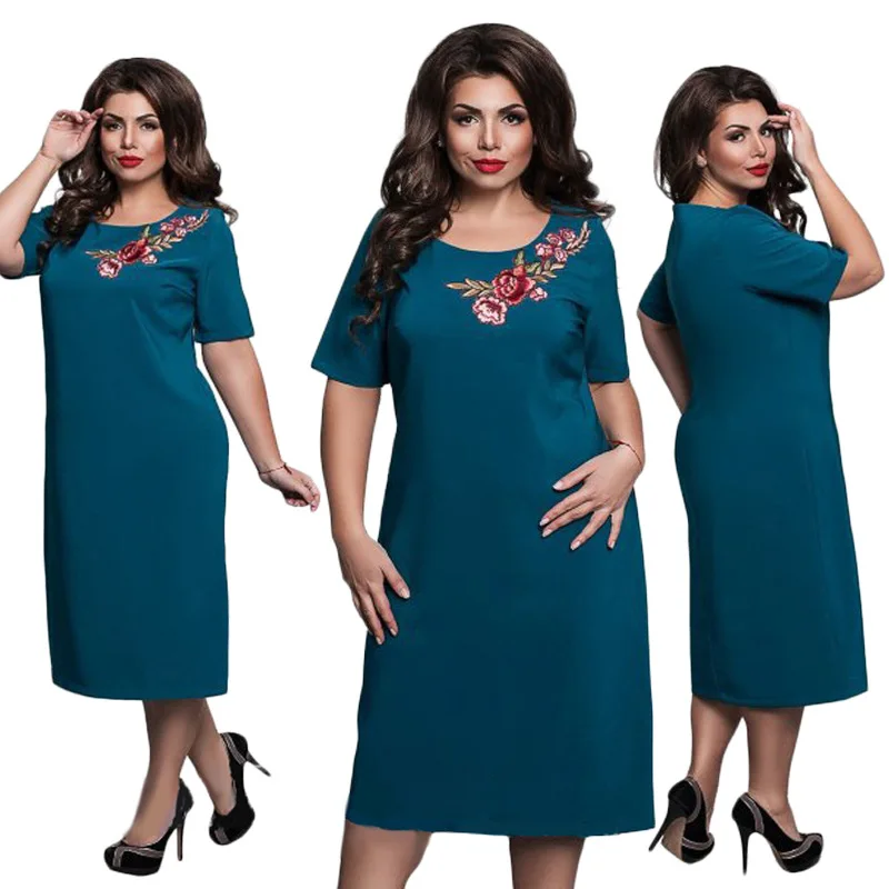 Elegant Embroidery Dresses 6XL Women Spring Summer Party Dress Plus Size Midi Straight Slim Red | Женская одежда