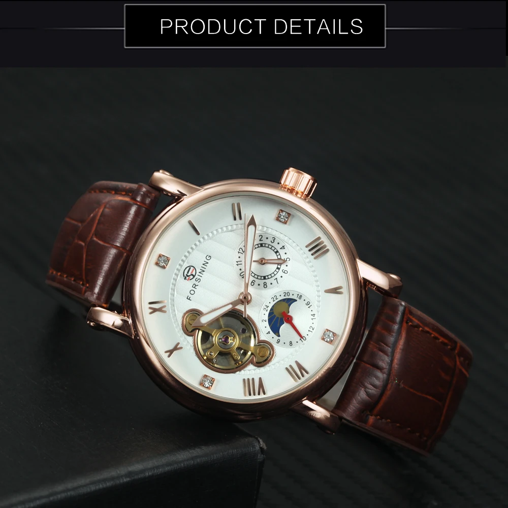 FORSINING мужские часы Топ бренд класса люкс Авто Механический коричневый ремешок из