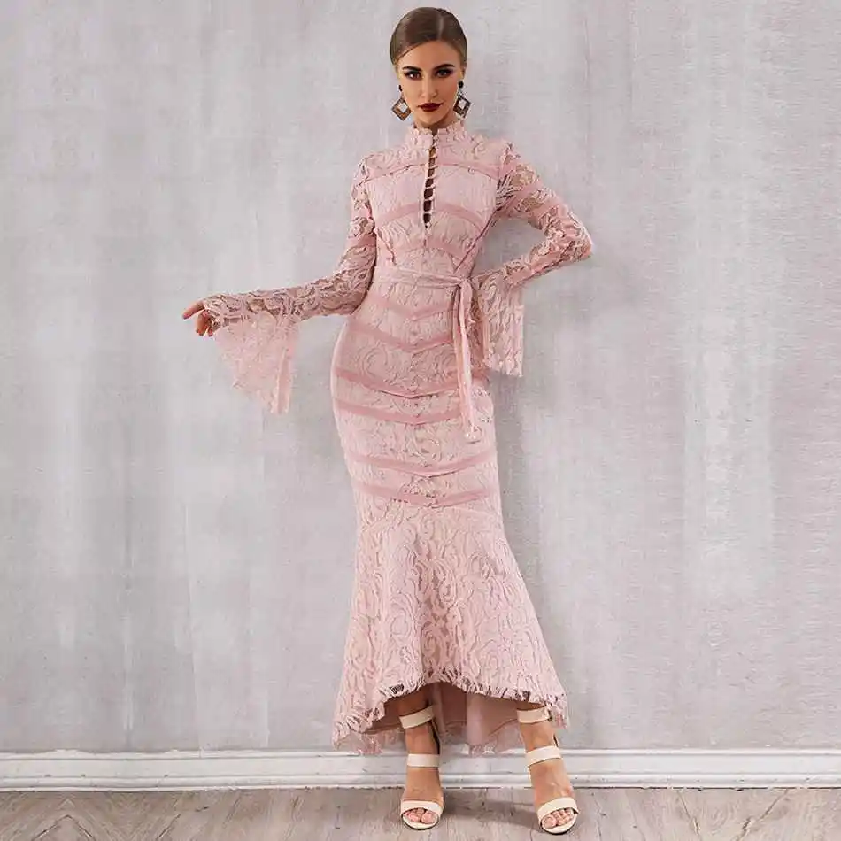 DressBird, женское осенне-зимнее Бандажное облегающее платье с длинным рукавом, Vestidos, сексуальное, кружевное, миди, розовое, черное, знаменитостей, вечерние платья, Vestido